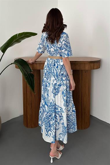 Toptan Mavi Brodeli Kolları Bağcıklı Elbise