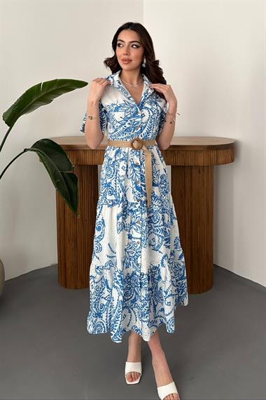 Toptan Mavi Brodeli Kolları Bağcıklı Elbise