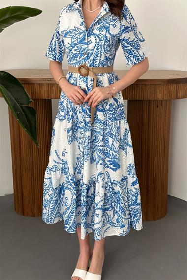 Toptan Mavi Brodeli Kolları Bağcıklı Elbise