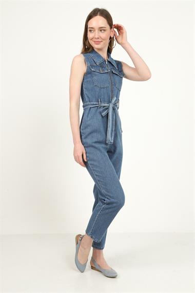 Toptan Mavi Cepli Kuşaklı Sıfır Kol Tulum