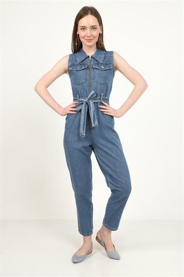 Toptan Mavi Cepli Kuşaklı Sıfır Kol Tulum