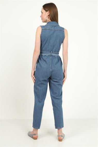 Toptan Mavi Cepli Kuşaklı Sıfır Kol Tulum