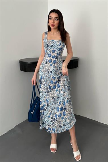 Toptan Mavi Çiçekli Viskon Elbise