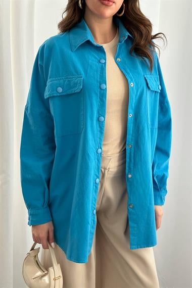 Оптовая продажа Синяя рубашка с двойным карманом и клапаном