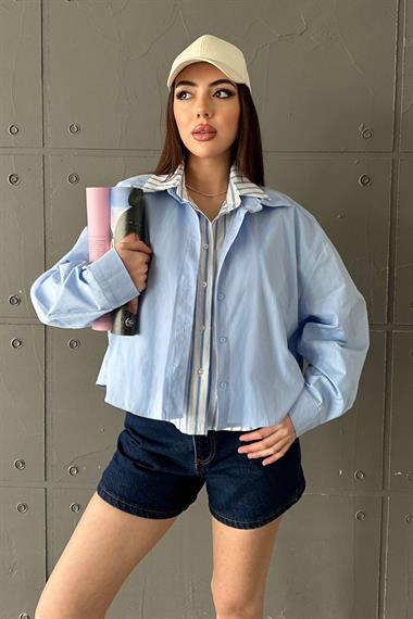 Toptan Mavi Çizgi Garnili Oversıze Gömlek