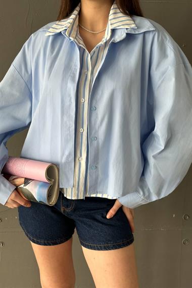 Toptan Mavi Çizgi Garnili Oversıze Gömlek