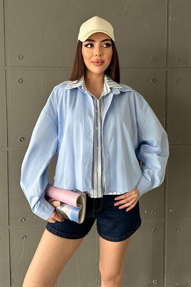 Toptan Mavi Çizgi Garnili Oversıze Gömlek