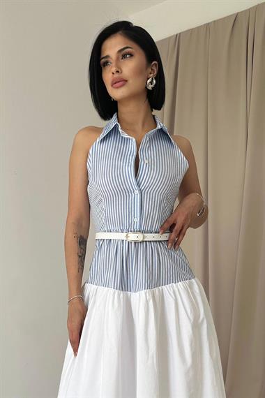 Toptan Mavi Çizgili Çapraz Askılı Elbise