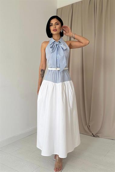 Toptan Mavi Çizgili Çapraz Askılı Elbise