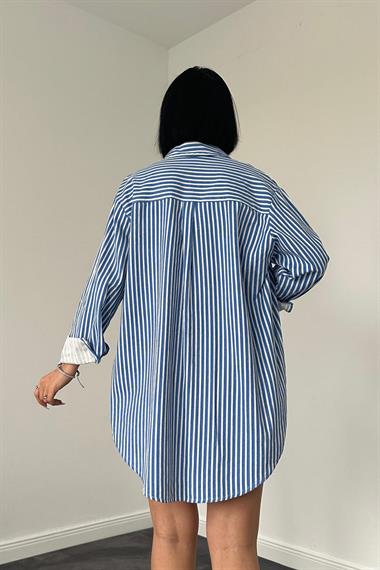 Wholesale Blue Striped Gabardine Slit Single Pocket Shirt