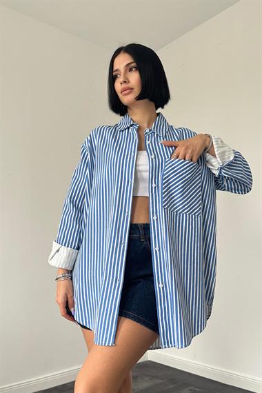 Wholesale Blue Striped Gabardine Slit Single Pocket Shirt