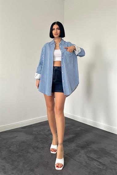 Wholesale Blue Striped Gabardine Slit Single Pocket Shirt