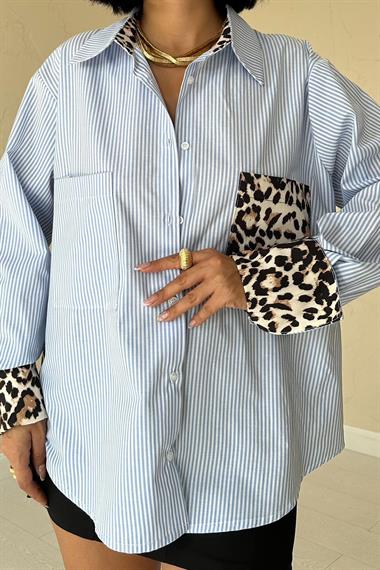 Wholesale Blue Striped Leopard Garnish Striped Shirt