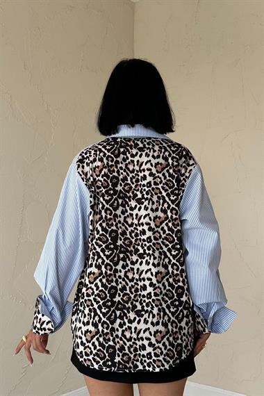 Wholesale Blue Striped Leopard Garnish Striped Shirt