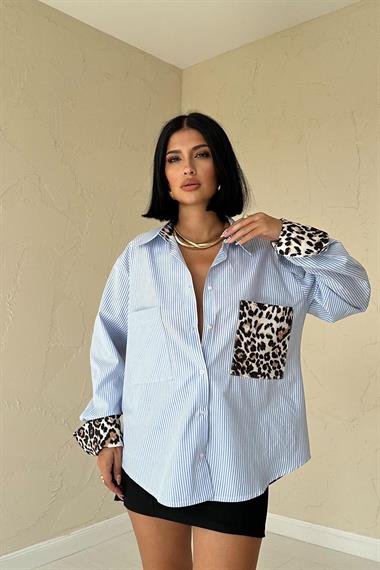 Wholesale Blue Striped Leopard Garnish Striped Shirt