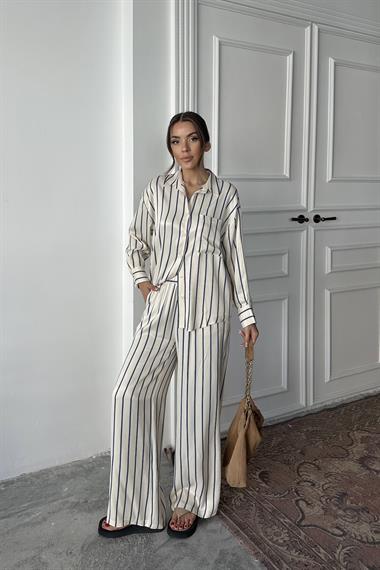 Toptan Mavi Çizgili Saten Takım