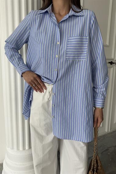 Toptan Mavi Çizgili Uzun Gömlek