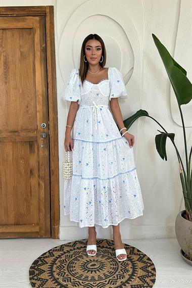 Toptan Mavi Dantel Detaylı Brode Elbise