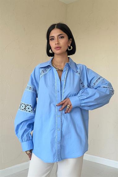 Wholesale Blue Lace Detailed Poplin Shirt