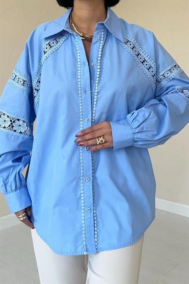 Wholesale Blue Lace Detailed Poplin Shirt