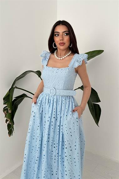 Toptan Mavi Dantelli Brode Elbise