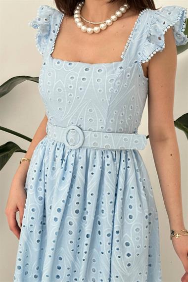Toptan Mavi Dantelli Brode Elbise