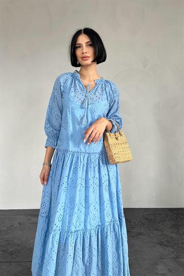 Toptan Mavi Dantelli New Elbise