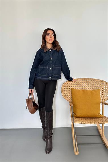 Toptan Mavi Deri Garnili Kot Ceket