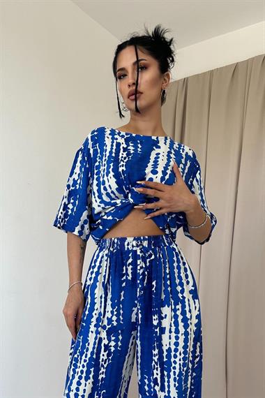 Toptan Mavi Desenli Bluz ve Pantolon Takım