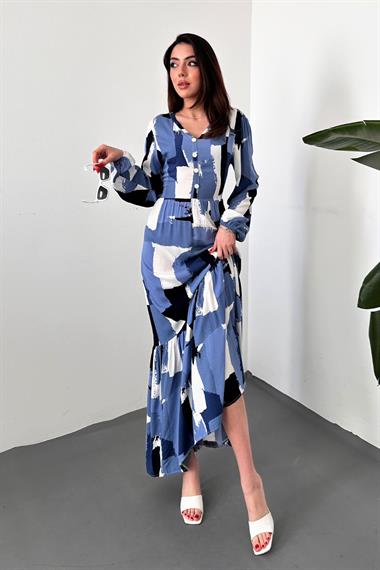 Toptan Mavi Desenli Elbise