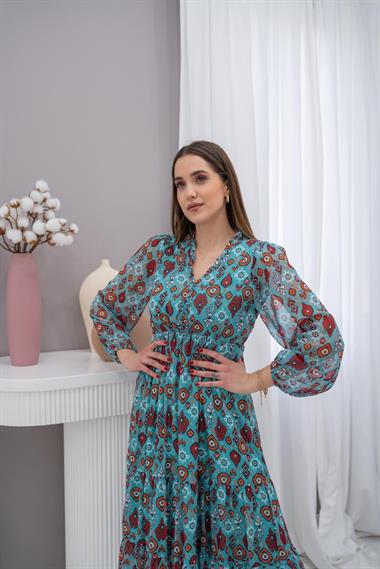 Toptan Mavi Desenli Şifon Elbise