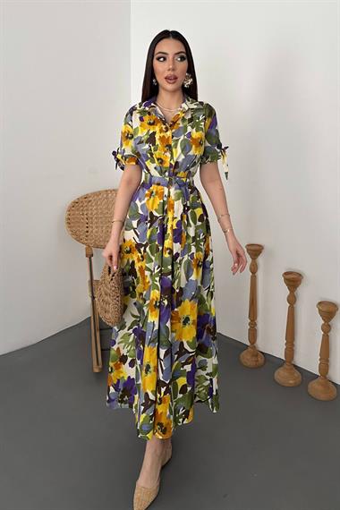 Toptan Mavi Desenli Uzun Pileli Elbise