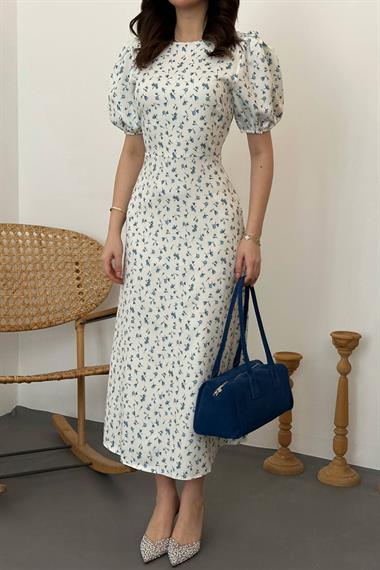 Toptan Mavi Dijital Baskılı Atlas Elbise