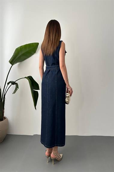 Toptan Mavi Düğmeli Kot Elbise