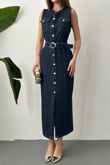 Toptan Mavi Düğmeli Kot Elbise