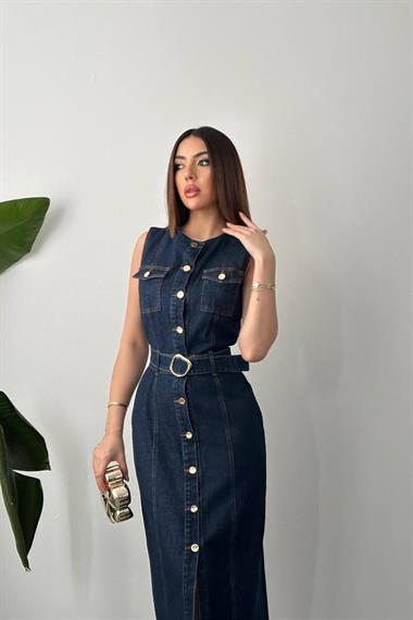 Toptan Mavi Düğmeli Kot Elbise