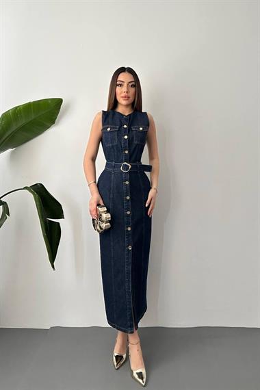 Toptan Mavi Düğmeli Kot Elbise