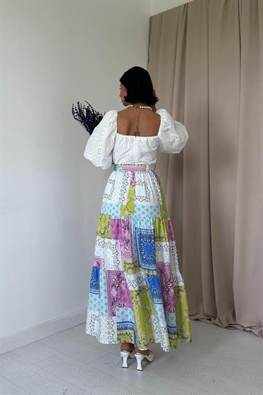 Toptan Mavi Eteği Desenli Brode Elbise