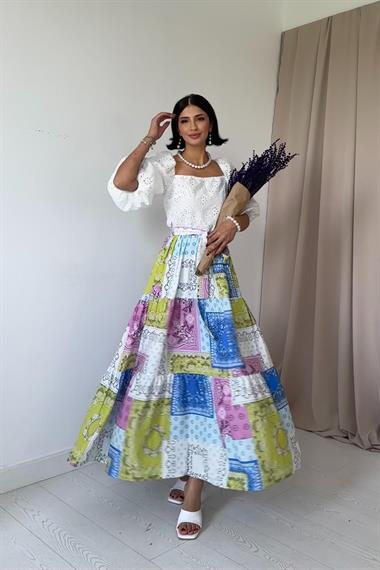 Toptan Mavi Eteği Desenli Brode Elbise