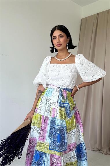 Toptan Mavi Eteği Desenli Brode Elbise