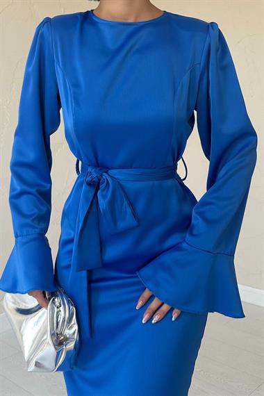 Toptan Mavi Eteği Saçaklı Elbise