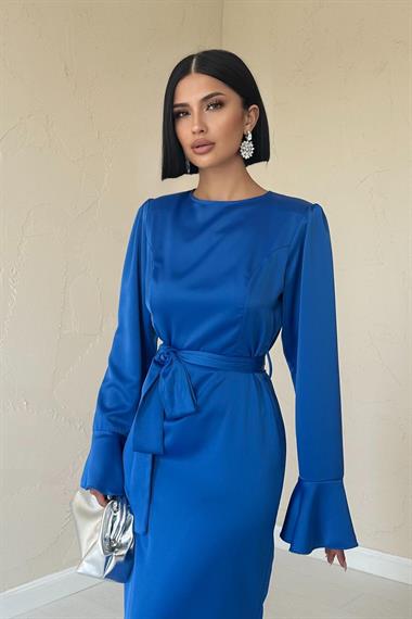 Toptan Mavi Eteği Saçaklı Elbise