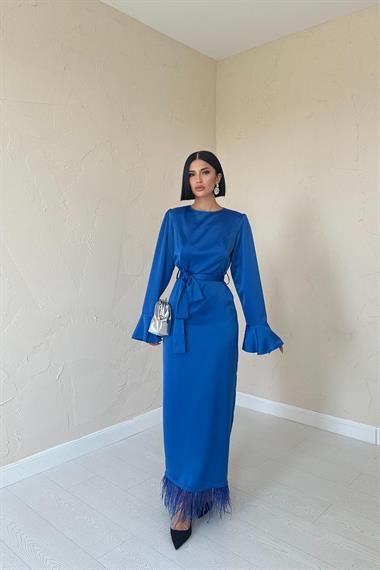 Toptan Mavi Eteği Saçaklı Elbise