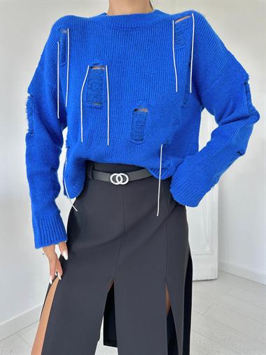 Toptan Mavi Faça ve Zincirli Triko Kazak