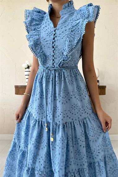 Toptan Mavi Fırfırlı Düğmeli Elbise