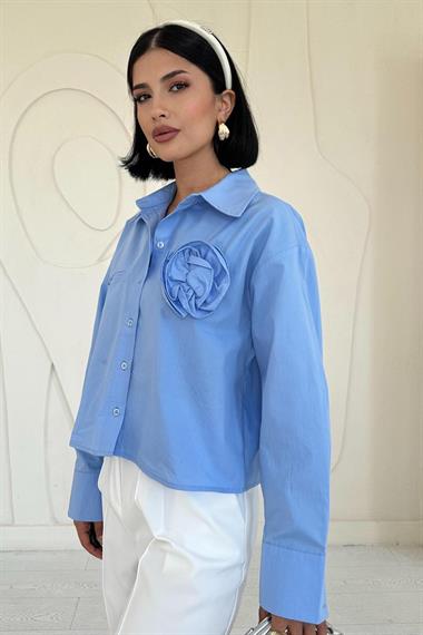 Toptan Mavi Fleto Cepli Poplin Gömlek