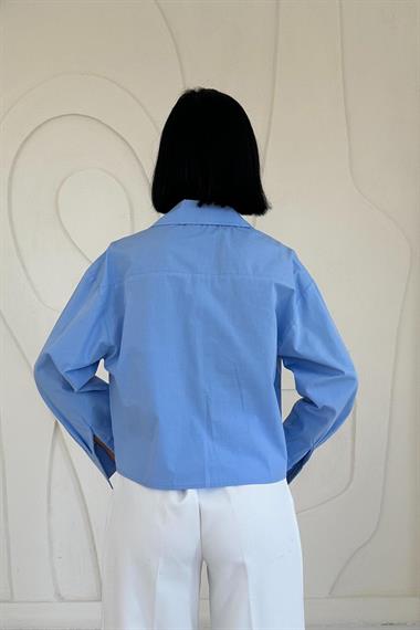 Toptan Mavi Fleto Cepli Poplin Gömlek