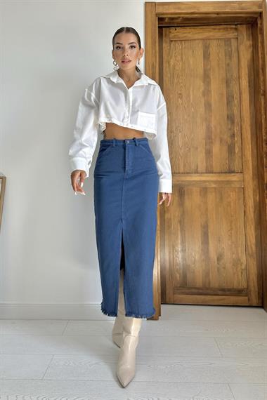 Toptan Mavi Gabardin Boyamalı Püsküllü Etek