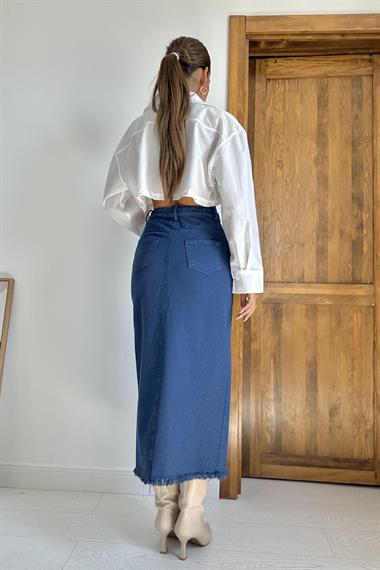 Toptan Mavi Gabardin Boyamalı Püsküllü Etek