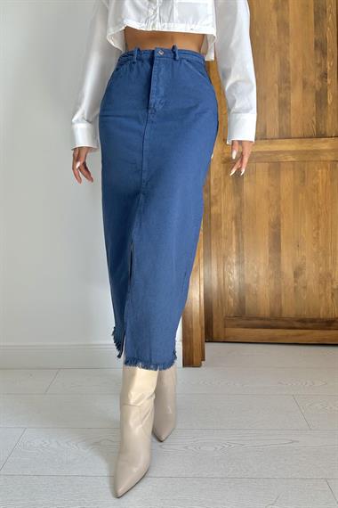 Toptan Mavi Gabardin Boyamalı Püsküllü Etek